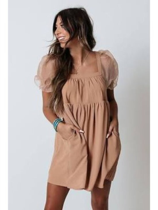 entro Dresses & Skirts - Entro Babydoll Dress Square Neckline Sheer Puff Sleeve Peach Apricot Small NEW